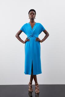 Платье миди премиум-класса из крепа с закрученной талией и короткими рукавами Karen Millen, синий