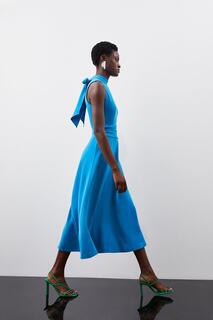 Платье миди премиум-класса с драпировкой и крепом с завязками на бретельках Karen Millen, синий