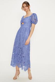 Платье миди премиум-класса с кружевным вырезом и цветочным принтом Oasis, синий