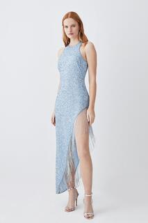Платье миди с асимметричным подолом и бахромой Hater Karen Millen, синий