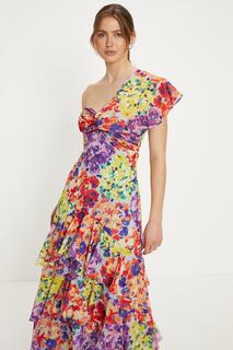 Платье миди с асимметричными рюшами и нашивками и цветочным принтом Oasis, мультиколор