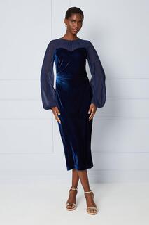 Платье миди с бархатной сетчатой ​​вставкой Wallis, темно-синий