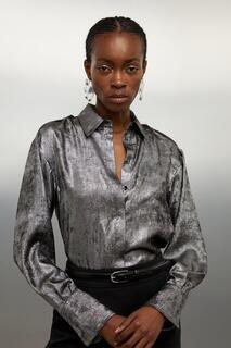 Тканая рубашка с длинным рукавом и воротником цвета металлик Karen Millen, серый