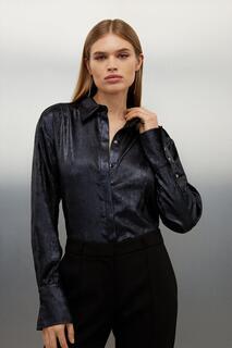 Тканая рубашка с длинным рукавом и воротником цвета металлик Karen Millen, темно-синий