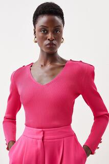 Вязаный топ в рубчик из смеси вискозы с V-образным вырезом и мощными плечами в стиле милитари Karen Millen, розовый