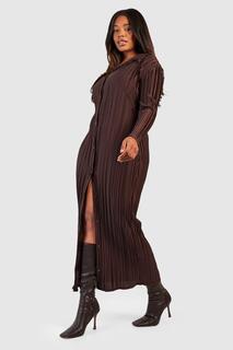 Платье-рубашка мидакси с широким плиссе и плюсом boohoo, коричневый