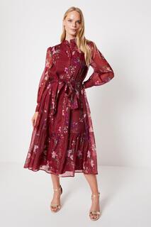 Платье-рубашка миди из органзы с поясом и цветочным принтом Berry Oasis, красный