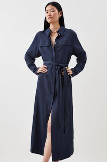 Платье-рубашка миди из льняной ткани премиум-класса Karen Millen, темно-синий