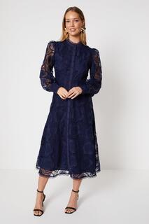 Платье-рубашка миди премиум-класса с кружевной отделкой из органзы Oasis, темно-синий