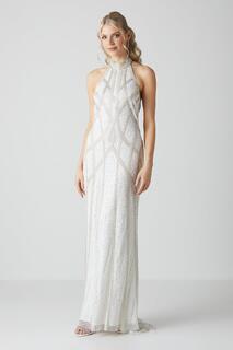 Свадебное платье «рыбий хвост» с воротником-халтер и жемчугом Coast, белый