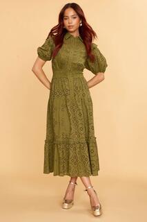 Платье-рубашка миди с пышными рукавами и вышивкой цвета хаки ANOTHER SUNDAY, зеленый