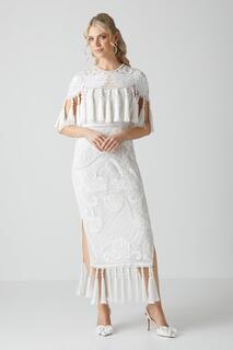 Свадебное платье миди, украшенное вручную, с кисточками Coast, белый