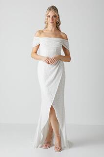Свадебное платье с драпированной юбкой с короткими рукавами и запахом Coast, белый