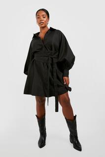 Платье-рубашка с корсетом и завязками из поплина Plus boohoo, черный