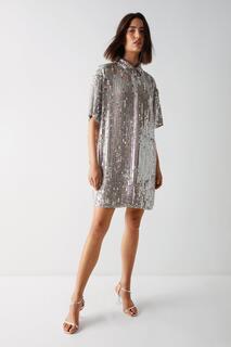 Платье-рубашка с пайетками Warehouse, серебро