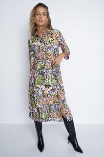 Платье-рубашка с объемными рукавами и абстрактным узором Warehouse, мультиколор