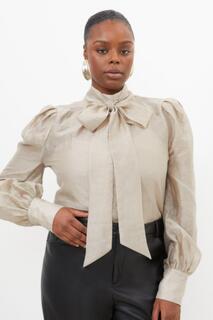 Блузка больших размеров из льняной ткани из органди с бантом Karen Millen, бежевый
