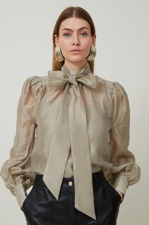 Блузка из льняной ткани с бантом и органди Karen Millen, бежевый