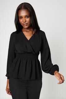 Блузка с длинными рукавами и V-образным вырезом, присборенной талией Dorothy Perkins, черный