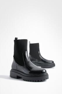 Трикотажные ботинки челси на массивной подошве с крокодиловой крокодиловой тканью boohoo, черный