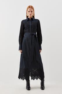 Хлопковое тканое платье макси с вышивкой Broderie Karen Millen, темно-синий