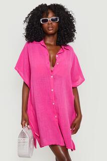Льняная пляжная рубашка-кафтан на пуговицах спереди с крыльями летучей мыши boohoo, розовый