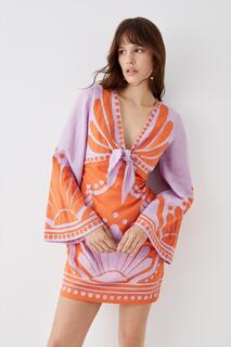 Льняное мини-платье с завязками спереди и вышивкой Coast, оранжевый