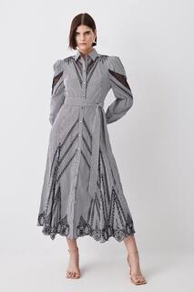 Полосатое хлопковое платье-рубашка миди с ажурной вышивкой Karen Millen, мультиколор