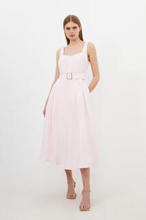 Льняное платье миди премиум-класса с квадратным вырезом и поясом Karen Millen, розовый