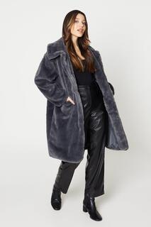 Пальто Petite с удлиненным воротником из искусственного меха Dorothy Perkins, серый