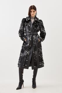Пальто из искусственного меха с абстрактным поясом и вставками из искусственного меха Karen Millen, черный