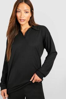 Большая футболка с открытым воротником и высоким воротником в рубчик с начесом boohoo, черный