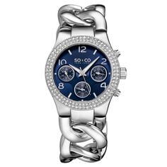Часы Chelsea 5013A, 38 мм, с кристаллами и шипованной цепочкой, с матовым циферблатом SO&amp;CO, синий So&Co