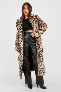 Пальто макси из искусственного меха Petite с поясом и леопардовым принтом boohoo, мультиколор