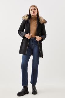 Пальто средней длины с капюшоном из искусственного меха Signature Quilt Karen Millen, черный