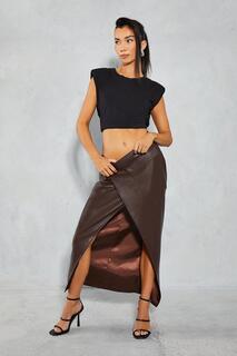 Практичная юбка-миди с кожаным эффектом и запахом MISSPAP, коричневый