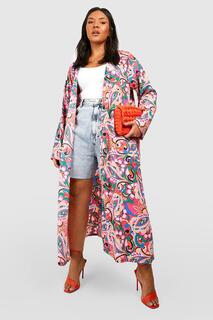 Длинное кимоно с абстрактным цветочным узором Plus boohoo, фиолетовый
