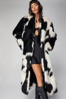 Длинное меховое пальто премиум-класса с монохромным узором в стиле пэчворк Nasty Gal, мультиколор