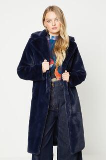 Длинное пальто из плюша из искусственного меха с открытым воротником Oasis, темно-синий