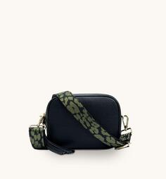 Черная кожаная сумка через плечо с оливково-зеленым ремешком в форме гепарда Apatchy London, черный