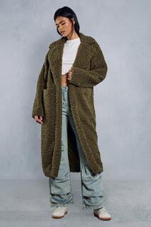 Длинное пальто из плюшевого меха с объемным воротником и воротником-стойкой MISSPAP, хаки