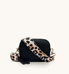 Черная кожаная сумка через плечо с бледно-розовым леопардовым ремешком Apatchy London, черный