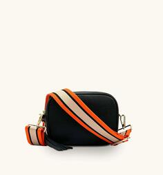Черная кожаная сумка через плечо с оранжевым, коричневым и черным ремешком в полоску Apatchy London, черный