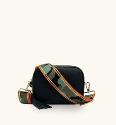 Черная кожаная сумка через плечо с камуфляжным ремешком в оранжево-золотую полоску Apatchy London, черный