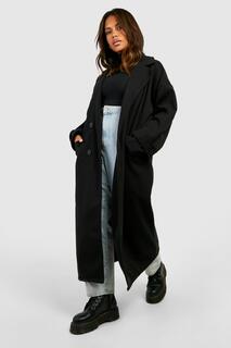 Длинное пальто премиум-класса Plus с шерстяным узором boohoo, черный