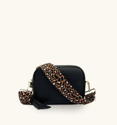 Черная кожаная сумка через плечо с светло-коричневым ремешком гепардового цвета Apatchy London, черный