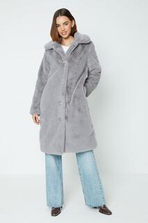 Длинное пальто с плюшевыми пуговицами из искусственного меха Oasis, серый