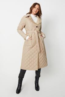 Длинное стеганое пальто с поясом и контрастной отделкой из полиуретана Wallis, хаки