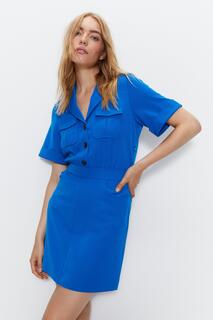 Приталенное мини-платье-рубашка с практичными деталями Warehouse, синий