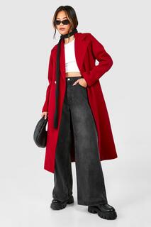 Приталенное пальто макси из шерстяной ткани boohoo, красный